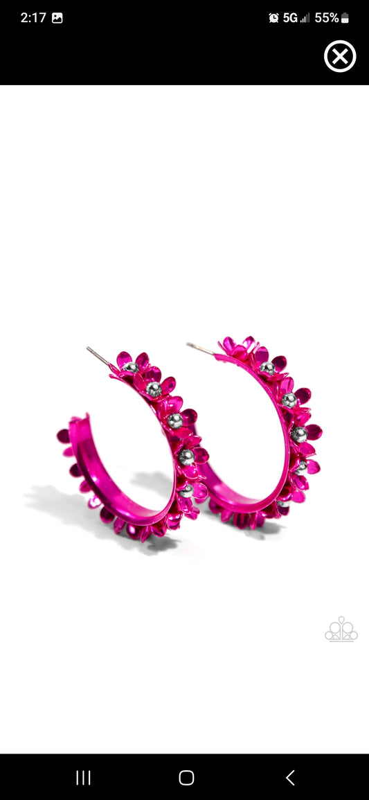 Pink flower hoop earrings
